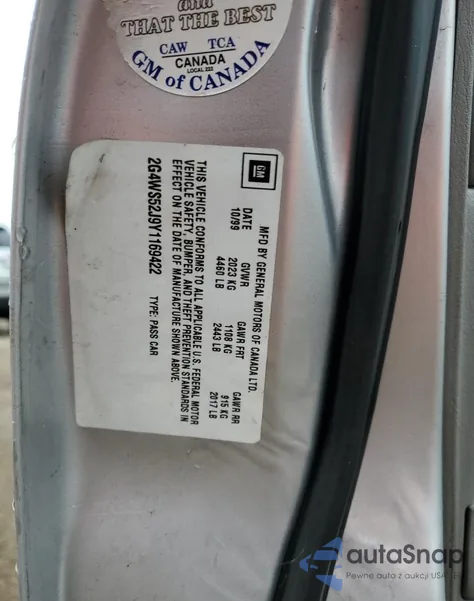 2000 Buick Century Custom from USA, damaged, VIN 2G4WS52J9Y1169422